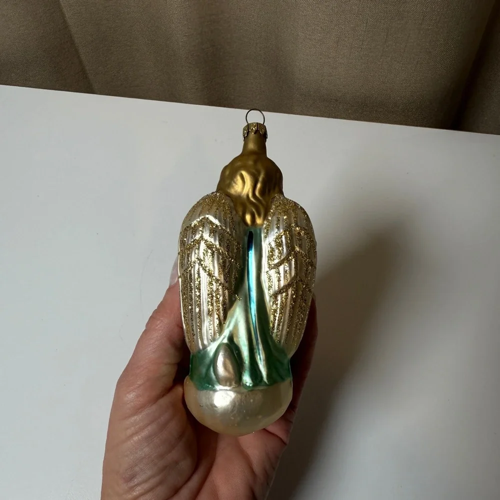 Praying Angel Glass Christmas Ornament Gold Green‎ Glitter Wings Vintage Style